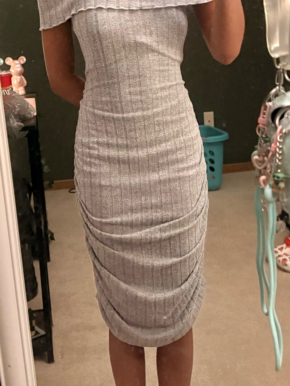Off-Shoulder Ribbed Bodycon Dress in Light Gray